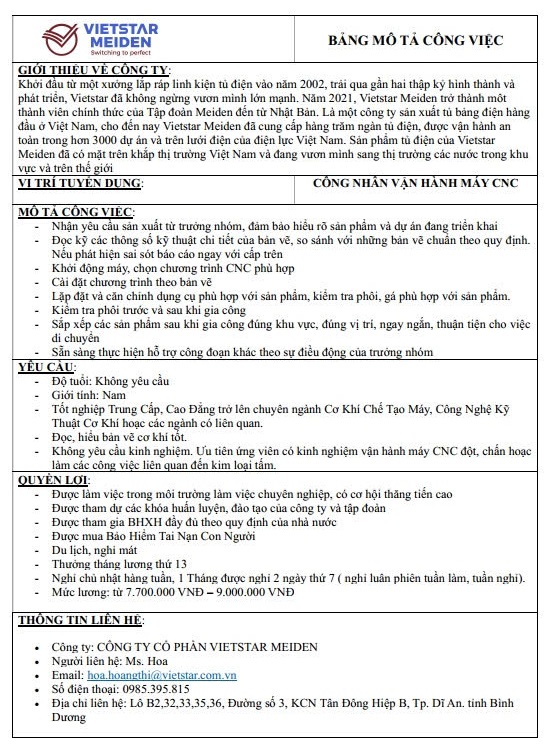 Công ty VIET STAR MEIDEN tuyển dụng